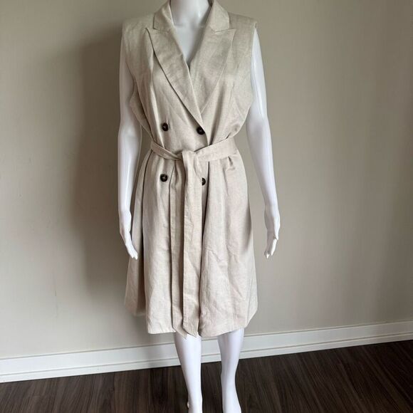 H&M linen blend belted tie waist double breasted sleeveless dress size L - Picture 2 of 8